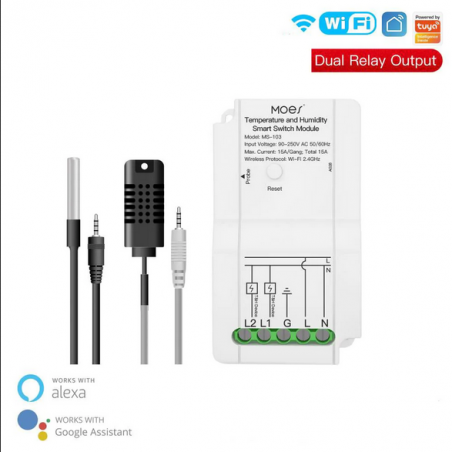 TUYA MS-103-TH Wi-Fi: Przekaźnik dwukanałowy z czujnkiem temperatury i wilgotności Moes MS-103-TH TUYA TUYA MS-103-TH Wi-Fi: Przekaźnik dwukanałowy z czujnkiem temperatury i wilgotności Moes MS-103-TH TUYA