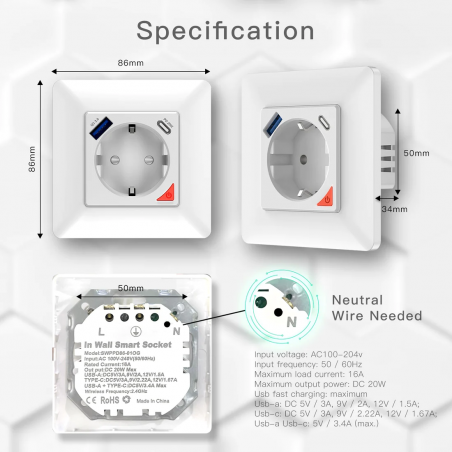 TUYA WiFi EU Smart Socket 16A TUYA WK-Y-EU-1U1C TUYA WiFi EU Smart Socket 16A TUYA WK-Y-EU-1U1C