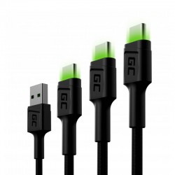 Комплект з 3-х кабелей USB - USB-C Green Cell  (30 см, 120 см, 200 см, зелена підсвітка)