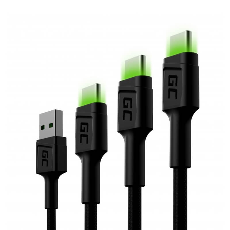 Комплект з 3-х кабелей USB - USB-C Green Cell (30 см, 120 см, 200 см, зелена підсвітка) Комплект з 3-х кабелей USB - USB-C Green Cell (30 см, 120 см, 200 см, зелена підсвітка)