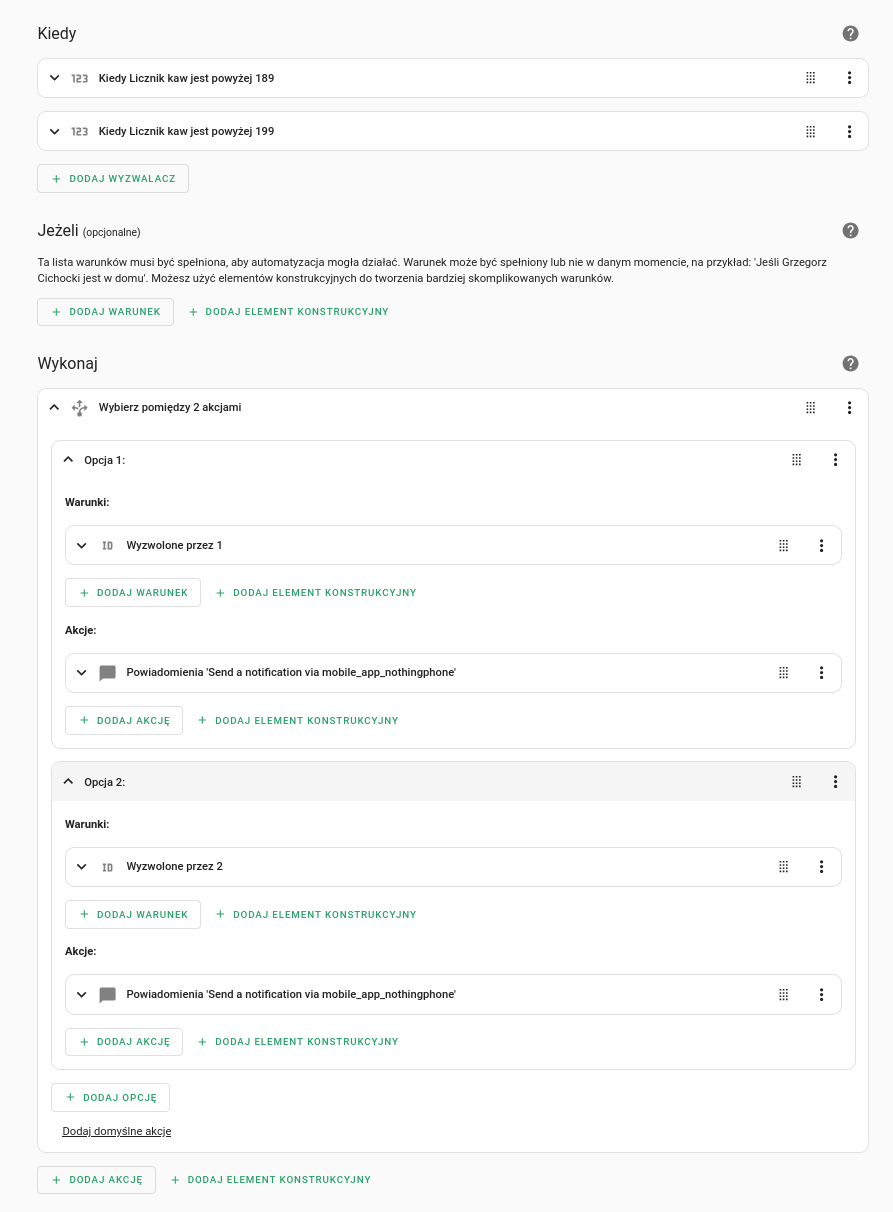 Automatyzacja informująca o dużej liczbie zrobionych kaw